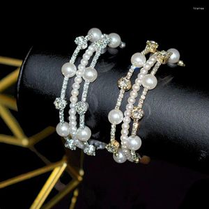 Bracelets à maillons pour femmes, mignon, en perles blanches, de luxe, couleur jaune, or, argent, élégant, rond, pour mariage