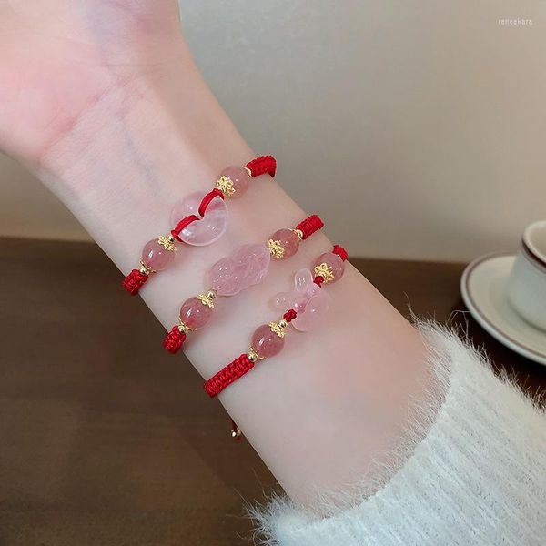 Pulseras de eslabones, bonita pulsera de cuerda roja Pixiu geométrica de Jade rosa, abalorio coreano, accesorios de mano, joyería de amistad estética de moda