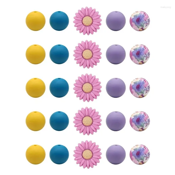 Link Bracelets Daisy Silicone Beads Peach Flores blancas Forma de cuentas sueltas con cuerda elástica