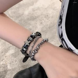 Schakelarmbanden Donker Vintage Leeftijd Punk Armband Gestapeld Zwart Leer Vijfpuntige Ster Ketting Fashion Party Jewerly