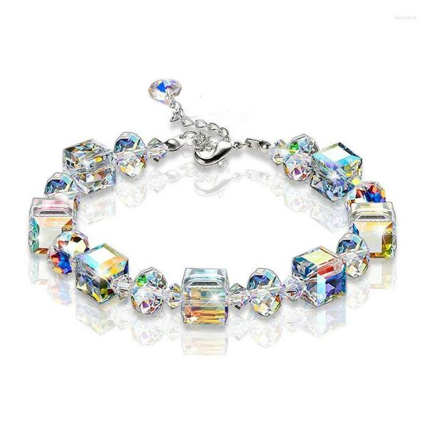 Pulseras de eslabones, pulsera de cubo de cristal de doble feria para mujer, cristal cuadrado, destellos, exquisita joyería de moda de Color plata de lujo KAH154