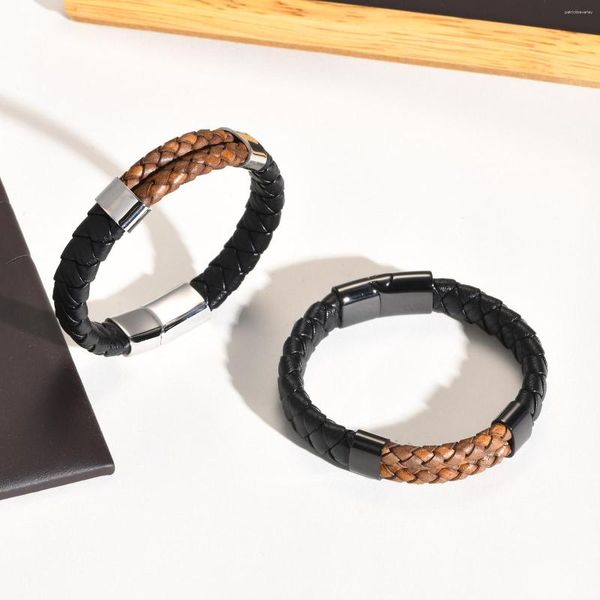 Bracelets de liaison double couche ronde en cuir authentique pour hommes