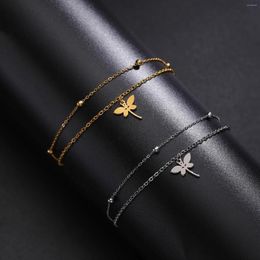 Bracelets à maillons libellule en acier inoxydable, chaîne de perles, symbole porte-bonheur, breloque d'insecte, bijoux simples pour femmes, cadeau pour petite amie et femme