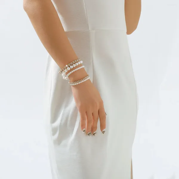 Pulseras de eslabones elegante perla de imitación multicapa con pulsera conjunto para mujeres moda vintage brillo joyería de mano regalos del festival
