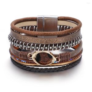 Bracelets à maillons de Style ethnique tissé à la main, multicouches en cuir, yeux léopard pour femmes, breloque en alliage, fermoir magnétique, bijoux