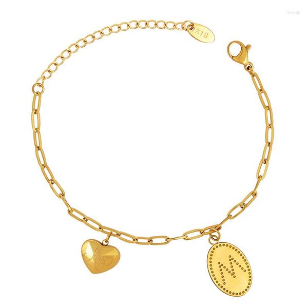 Pulseras de eslabones Medallón europeo y americano Letra M Peach Love Pulsera colgante Marca de moda para mujer Acero de titanio chapado en oro de 18 k