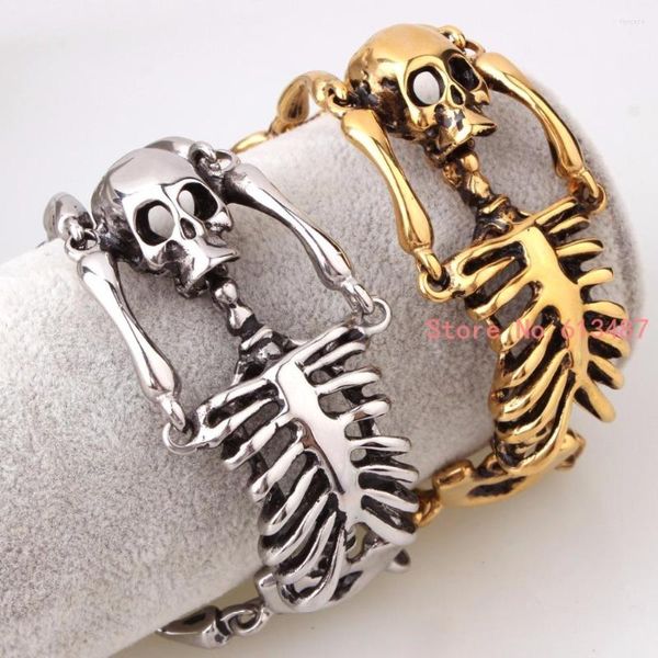 Bracelets à maillons Bracelet squelette de crâne punk européen Halloween pour hommes couleur or ou argent 316L en acier inoxydable bracelet lourd bijoux