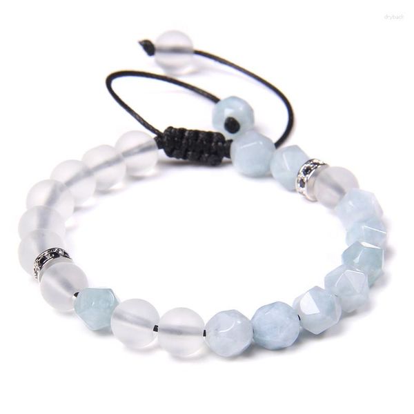 Lien Bracelets Aigues-marines À Facettes Réglable Corde Tressé Bracelet 8mm Blanc Pierre De Lune Géométrique Perlé Pour Femmes Hommes Reiki Bijoux