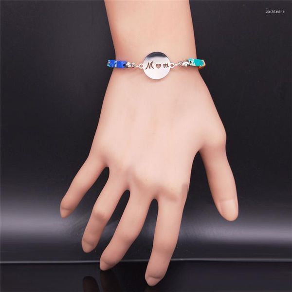 Pulseras de eslabones Familia Mamá Piedras de chakra de acero inoxidable Pulsera con letras para mujer Color plata Bebé Joyería Armbanden B18754S07