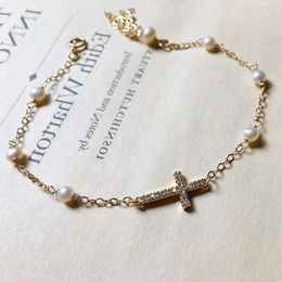 Link Bracelets Fashion 925 Sterling Silver Gold Pearl Pearl Pearl Pearl Luxury Cubic Zirconia Cross Cross Joyas fina