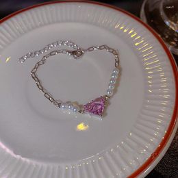 Bracelets à maillons réglables en perles de cœur d'amour pour femmes, tendance coréenne élégante en Zircon rose, bijoux cadeaux de fête, 2023