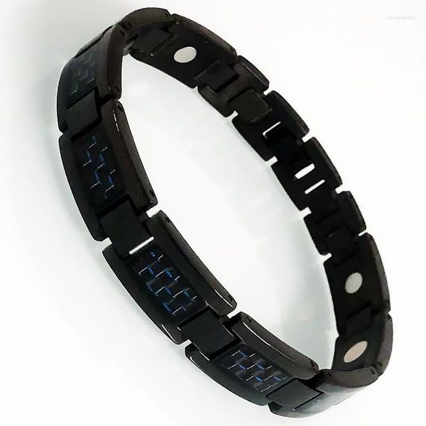 Lien Bracelets Mode Noir En Acier Inoxydable Bleu En Fiber De Carbone Pour Hommes Femmes Soins De Santé Thérapie Magnétique Homme Bijoux