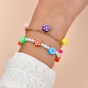 Bracelets à maillons mode bohémien ethnique fleur en argile polymère pour femmes charme perles simulées chaîne Figaro cadeaux perlés