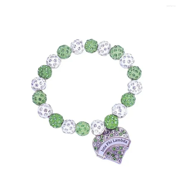 Link Bracelets Fashion Drop Venta hecha a mano Green blanco de 10 mm Bolas Disco Beads Griega Letter Society Etiqueta IOTA Phi Lambda Ajuste