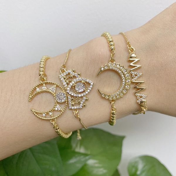 Bracelets à maillons en laiton plaqué or, bijoux à la mode, demi-lune, lettres d'espacement CZ pavées en Zircon, forme de couronne, bracelets réglables pour femmes