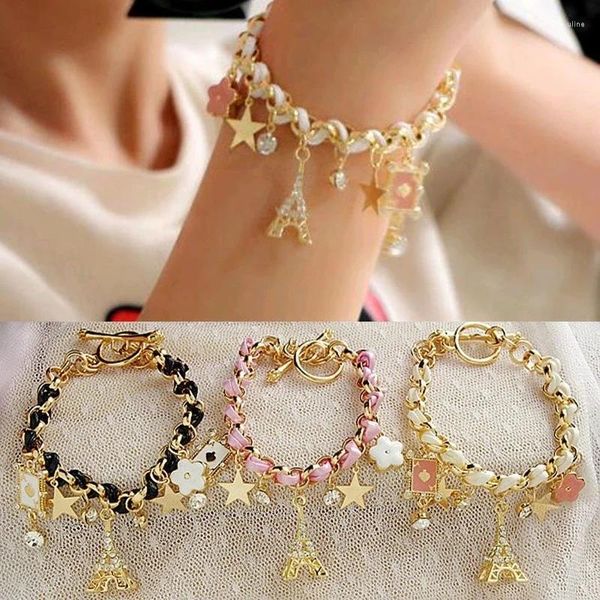 Enlace pulseras joyas de moda múltiples cadena de oro de cuero de cuero de cuero brazalete hecho a mano Eiffel Tower colgante