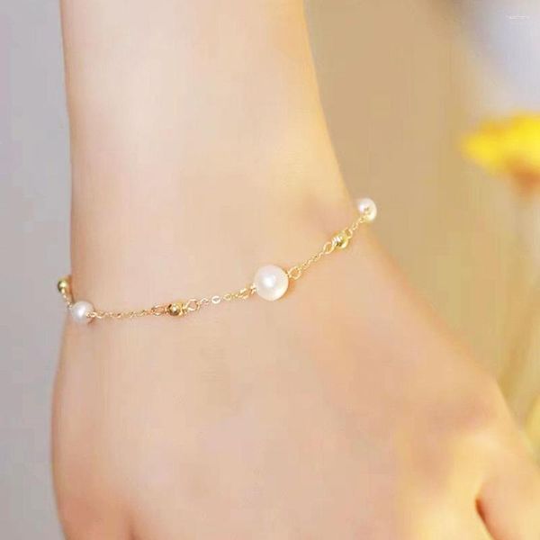 Bracelets à maillons en perles naturelles pour femmes, chaîne en acier inoxydable plaqué or, bijoux pour filles, cadeaux, vente en gros