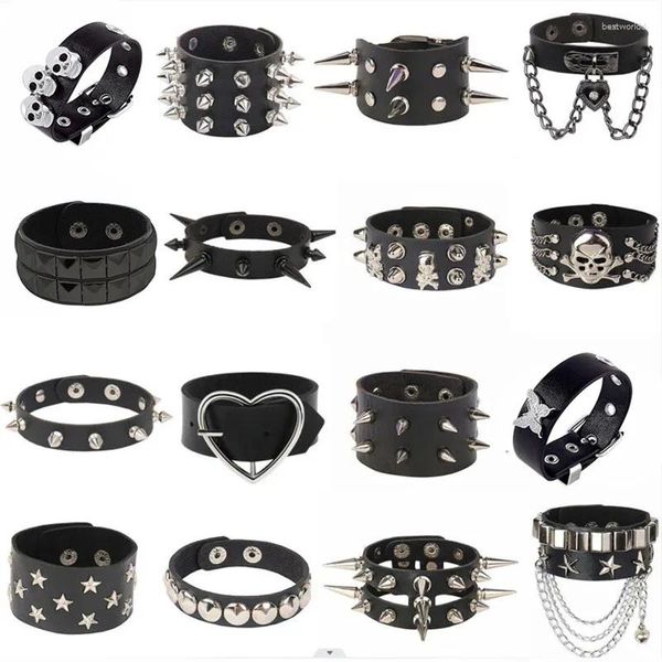 Bracelets de liaison Bracelet bracelet en cuir PU PU Bracelet Choker Punk Spike Rivets Cuff Metal Black Brands DropShip réglable