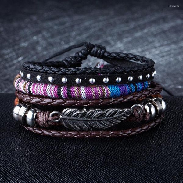 Pulseras de eslabones Moda Punk Cuerda genuina Wrap Conjunto de cuero Hombres para mujeres Charm Cuentas de madera Pulseras Brazaletes Accesorios de joyería