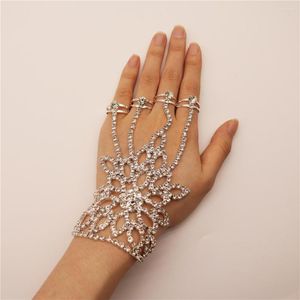 Link armbanden mode glanzende strass sling armband vinger ketting bruidsuitgesneden bloem bruiloft bruidsmeisje bohemian sieraden ring