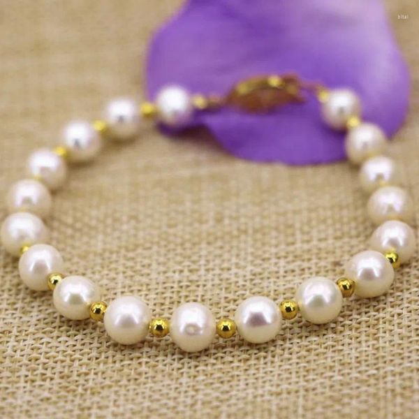 Pulseras de eslabones Moda Strand Brazalete Pulsera Mujeres Natural Blanco Perlas de agua dulce Perlas 7-8mm Espaciadores Cierre Joyería 7.5 pulgadas B3116