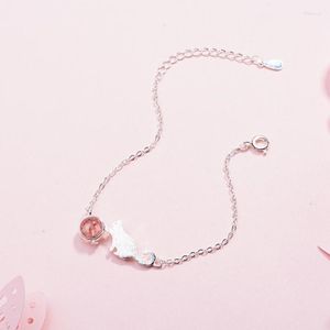 Lien Bracelets Mode Doux Rose Fraise Cristal Chaton Pierre De Lune Argent Couleur Femme Littéraire Redimensionnable SBR098