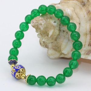 Lien Bracelets Fashoin 8mm Perles Rondes Vert Jades Pierre Calcédoine Or-couleur Cloisonné Femmes Fine Jewelry Making 7.5 pouces B2697