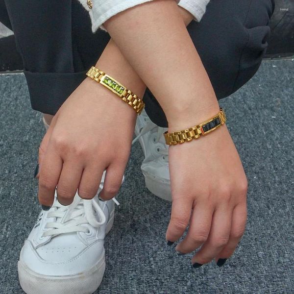 Link-Armbänder Feine Edelstahl-Armband-Halskette für Frauen Zierlicher Zirkon-Intarsien-klassischer quadratischer Strass-Metallarmband-Schmuck