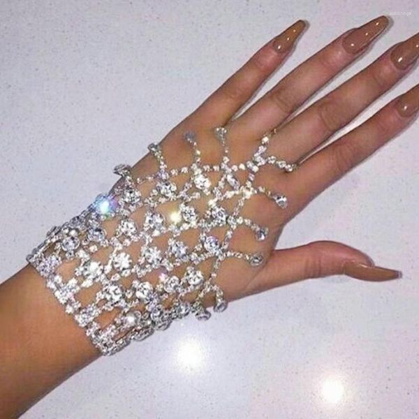 Bracelets à maillons pour femmes, bague en strass, chaîne à main, manchette avec anneaux, Bracelet esclave, harnais, mariage pour filles