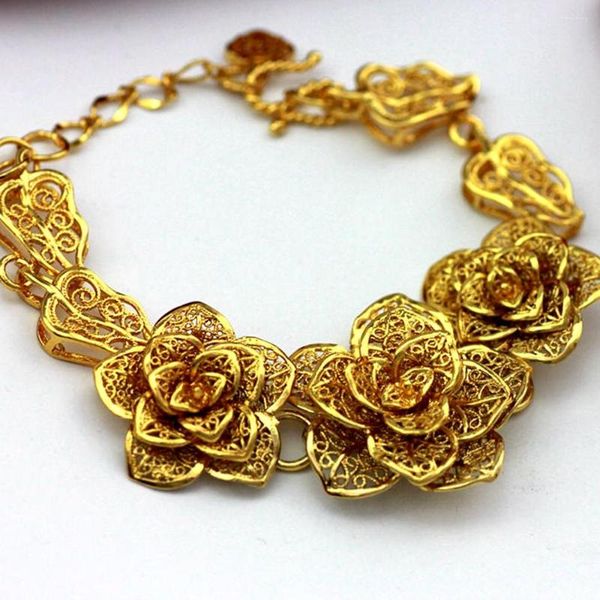 Pulseras de eslabones Pulsera de filigrana de flores Regalo de boda para mujer relleno de oro amarillo sólido