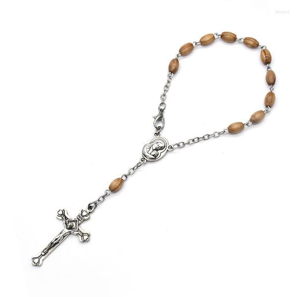 Bracelets à maillons pour main tenant prière chapelet bracelet Crucifix croix Notre-Dame pin perles de riz en bois chaîne bijoux voiture tentures communion