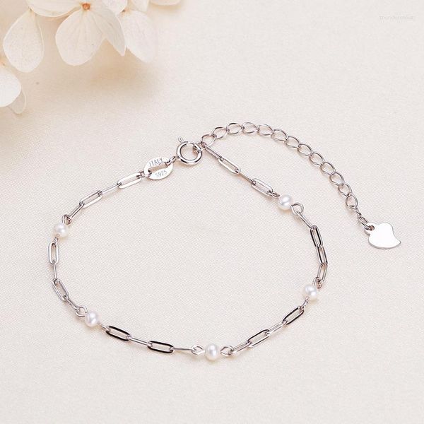 Pulseras de enlace Pulsera de perlas de agua dulce para mujeres S925 Plating Platinum Simple Hand Jewelry 3 mm Regalo de niñas 2023 Tendencia de la moda