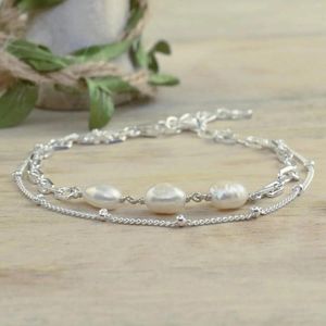 Bracelets à maillons en perles d'eau douce, chaîne de perles faites à la main, plusieurs couches à la main pour femmes, Vintage, placage de cuivre, Bracelet en argent, bijoux