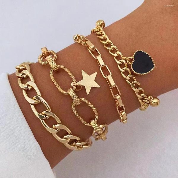 Bracelets à maillons cadeaux bijoux chaîne cubaine plaqué or femme en acier inoxydable accessoires pour femmes Style Ins 4 pièces Bracelet pour fille