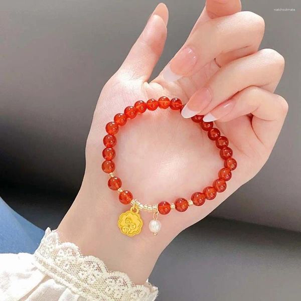 Pulseras de eslabones Regalos En forma de luna Encantos chinos Cuentas Hilo Pulsera de ágata roja Mujer Cuerda de mano Año