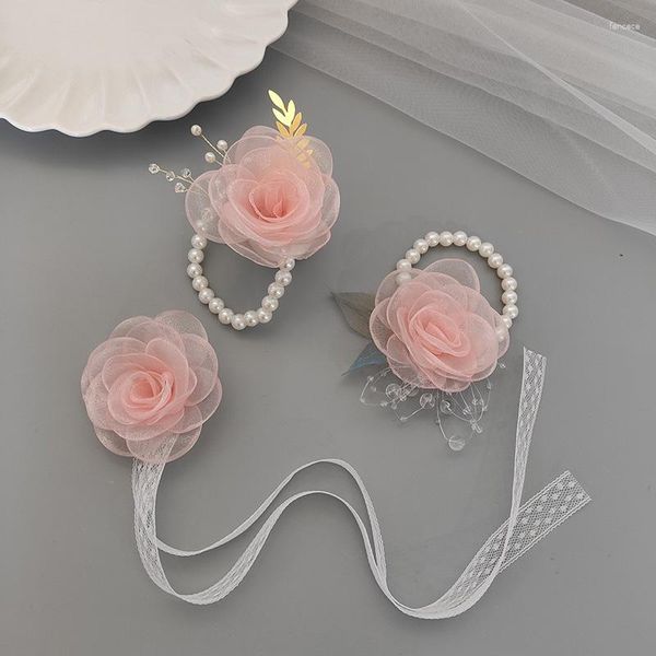 Link Bracelets Girls Bridesmaid Flores de muñeca Pearl Ribbon Pulsera de rosa para la novia de la fiesta de fiesta de la boda para ser accesorios de regalos