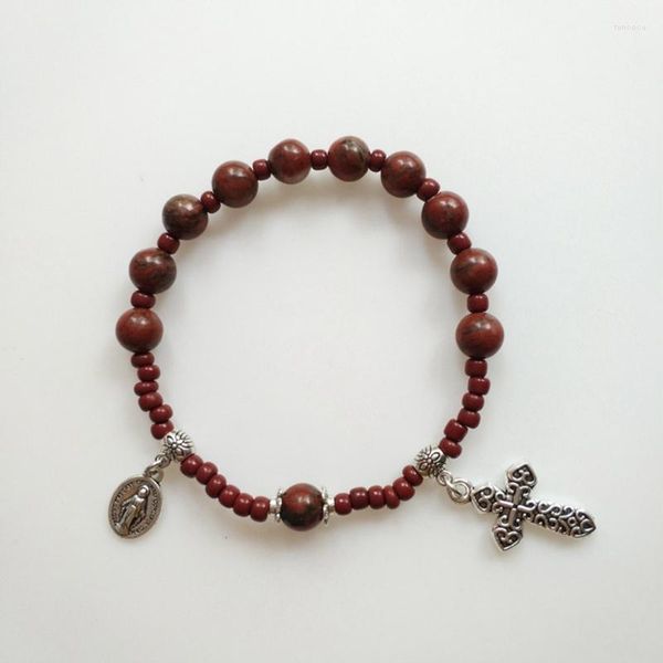 Bracelets à maillons en perles de verre pour baptême, cadeau religieux, croix catholique, chaîne de doigt, Mini chapelet, Bracelet rouge sésame pour femmes