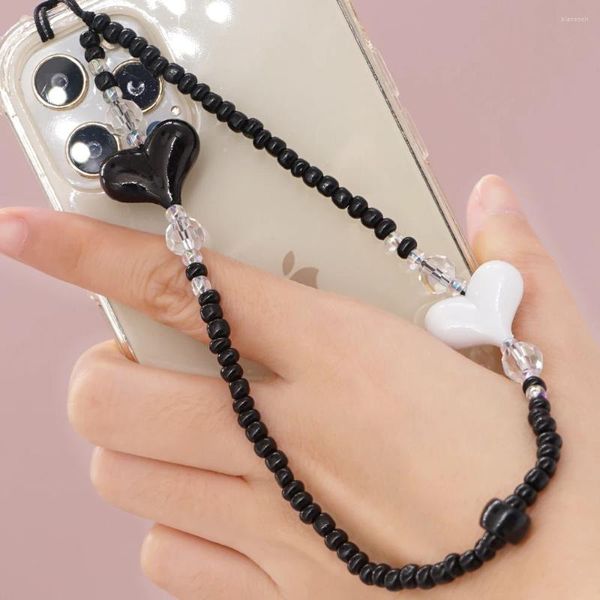 Pulseras de eslabones Go2Boho Acrílico Corazón Charm Teléfono Correas Negro Con Cuentas Cadena Móvil Teléfono Cordón Joyería Para Mujeres Portátil Anti-perdida