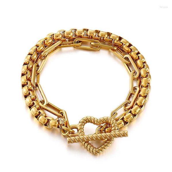 Bracelets à maillons en acier inoxydable plaqué couleur or, fermoir OT en forme de cœur, chaîne Double couche pour femmes, bijoux tendance de Style Punk