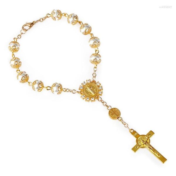 Pulseras de eslabones, pulsera cruzada de perlas de imitación de cristal de encaje de 8mm de Color dorado y plateado para mujeres y hombres, joyería religiosa católica con cuentas a la moda