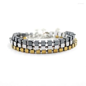Bracelets à maillons couleur or/argent/cube d'hématite noir avec perles rondes Bracelet perlé 4mm breloque feuille redimensionnable pour hommes femmes