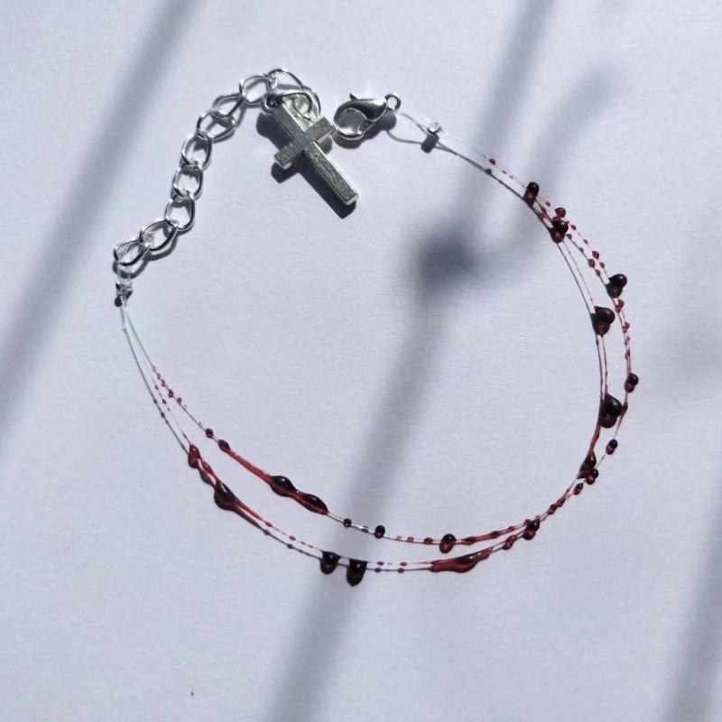 Link Bracelets Gothic Style Red Blood Droplet Bracelet Cross Chain For Women Girls Punk Charm Party Jewelry Accessories Gifts