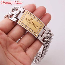 Bracelets de liaison Granny Chic 9 "23 mm Men CZ Bangles 316L Bracelet en acier inoxydable avec design croix en argent en or de bijoux