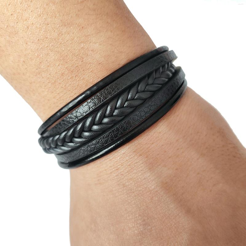 Link pulseiras jóias tecidas à mão multi-camadas pulseira de couro moda corda magnética masculina