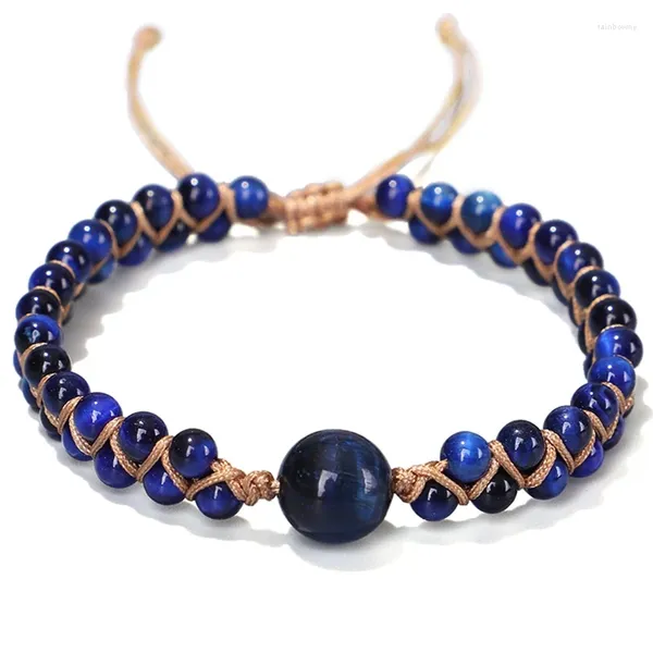 Pulseras de eslabones hechas a mano DIY piedra natural encanto pulsera de urdimbre cuentas de ojo de tigre azul cadena trenzada brazalete de yoga joyería