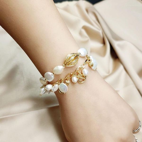Bracelets à maillons faits à la main eau douce naturelle perle baroque blanche 2 couches pour femmes fête de mariage Femme bijoux fins accessoires