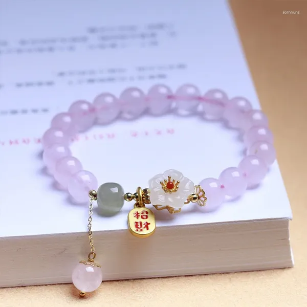 Bracelets à maillons faits à la main, perles de cristal rose pour filles, avec fleur de pêcher de Style chinois, cadeau de saint-valentin pour couples
