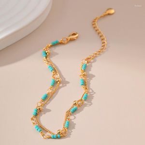 Bracelets à maillons faits à la main Turquoise chaîne à la main plaqué or 18 carats Double chaîne de perles femmes Style National bijoux dame cadeaux