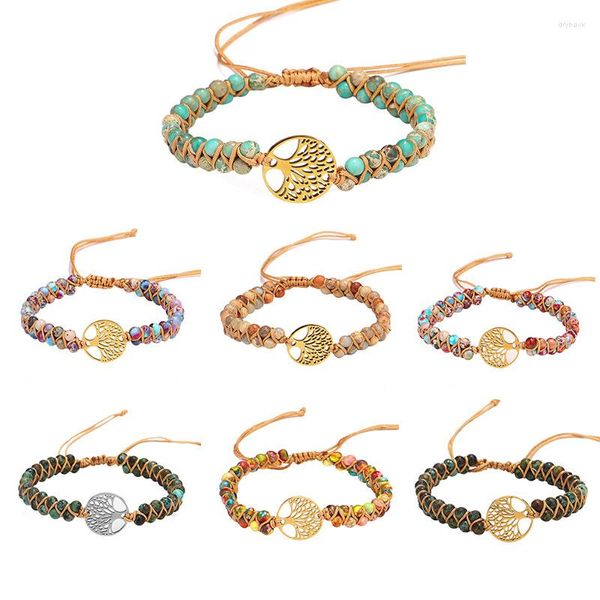 Pulseras de eslabones, pulsera de árbol de la vida turquesa hecha a mano, piedra emperador, acero inoxidable, Yoga, encanto africano, amante de la amistad