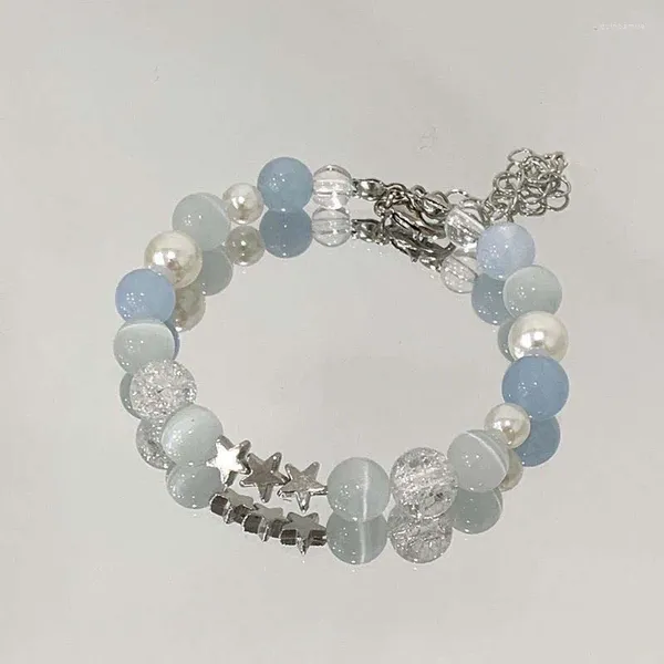 Pulseras de eslabones Harajuku Pentagrama Cadena de cuentas de perlas para mujeres Coreano Lindo Azul Cristal Estrella Charm Pulsera Y2k Joyería Regalos 2023